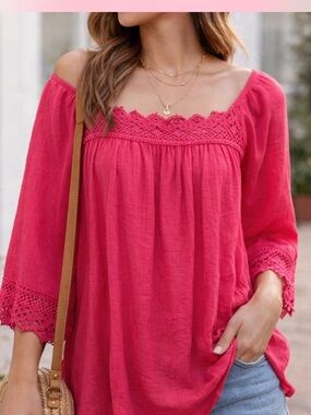 I.N. Studio Pink Off-Shoulder Crochet Trim Tunic Top